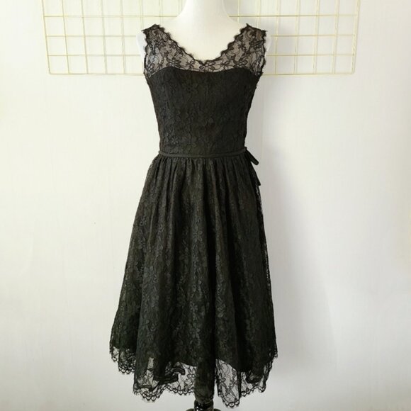 Leonard Arkin Black Lace Union Made 50s 60s Witchy Vintage Midi Dress - Picture 1 of 15